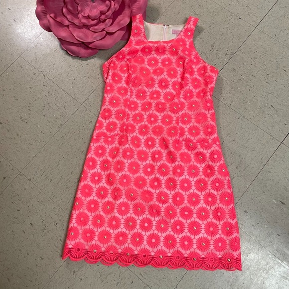 LILLY PULITZER Pearl Dress Sz 4 Fiesta‎ Pink Embroidered Pinwheel Organza Lined - Picture 6 of 12